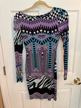 Topshop Geometric Long Sleeve Bodycon Dress in Purple & Teal